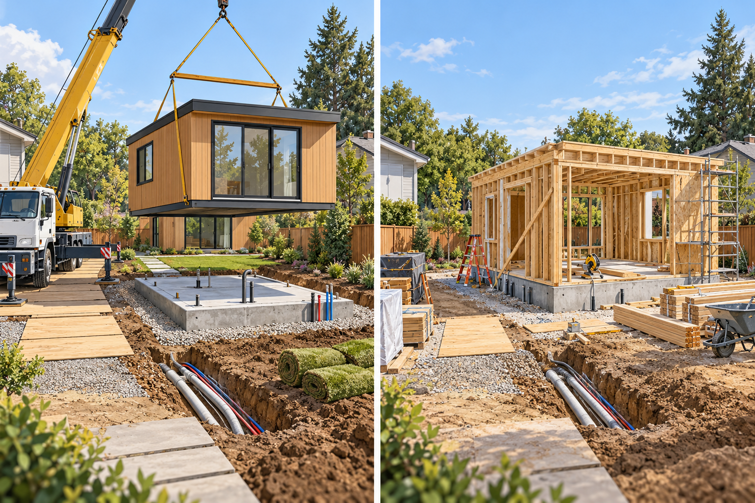Side-by-side ADU delivery methods: a factory-built module set on site and a similar unit assembled on site, with property work still visible in both.