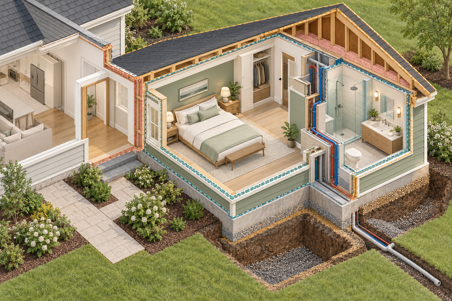 Isometric cutaway of a bedroom-and-bath suite addition showing its finished rooms, wet area, utility route, and connection to the existing home.