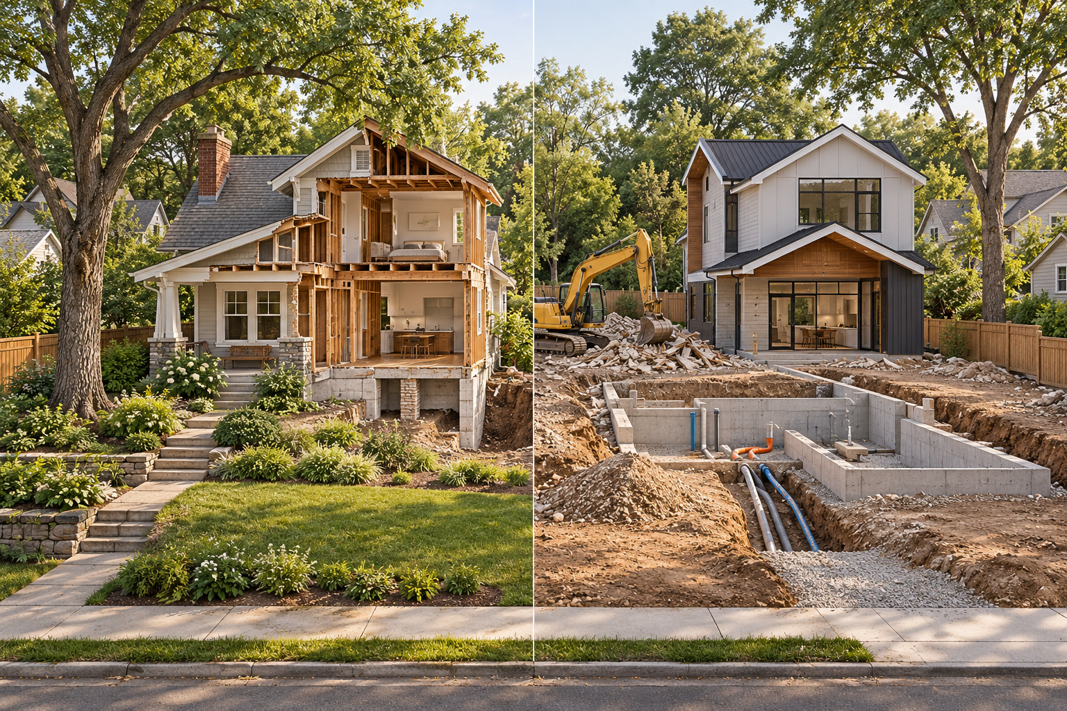 Side-by-side property comparison showing an existing home opened for renovation and a cleared site with a reconstructed home.