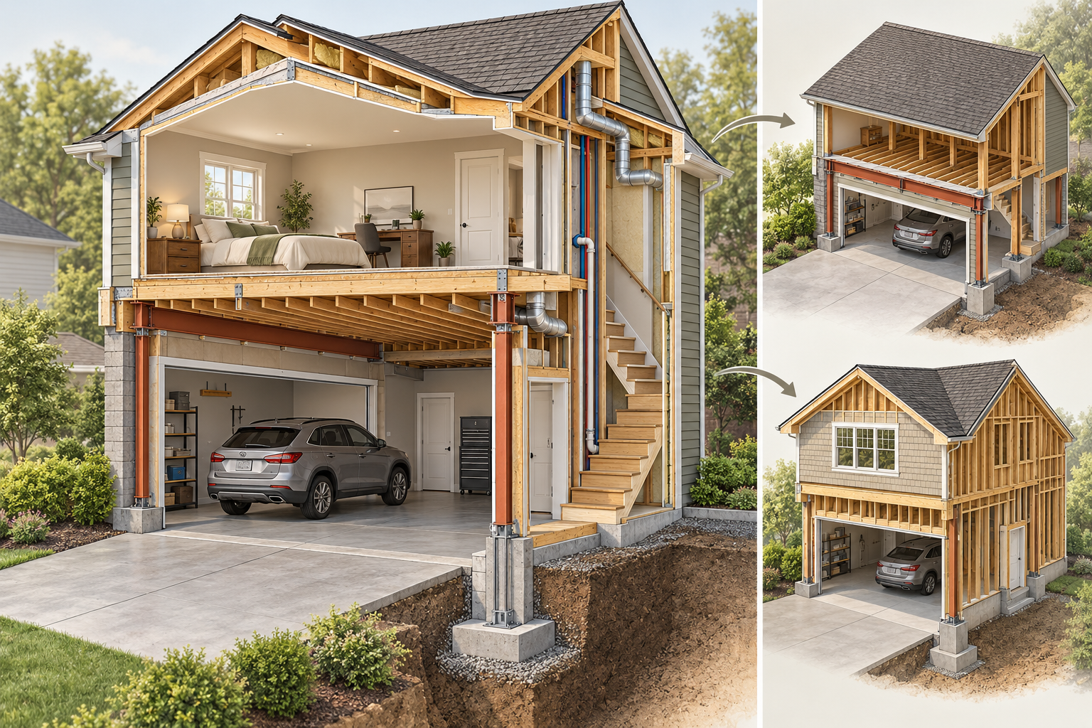 Cutaway of a room above a garage showing the existing garage, upper room, stair access, roof work, and the structure extending toward the foundation.