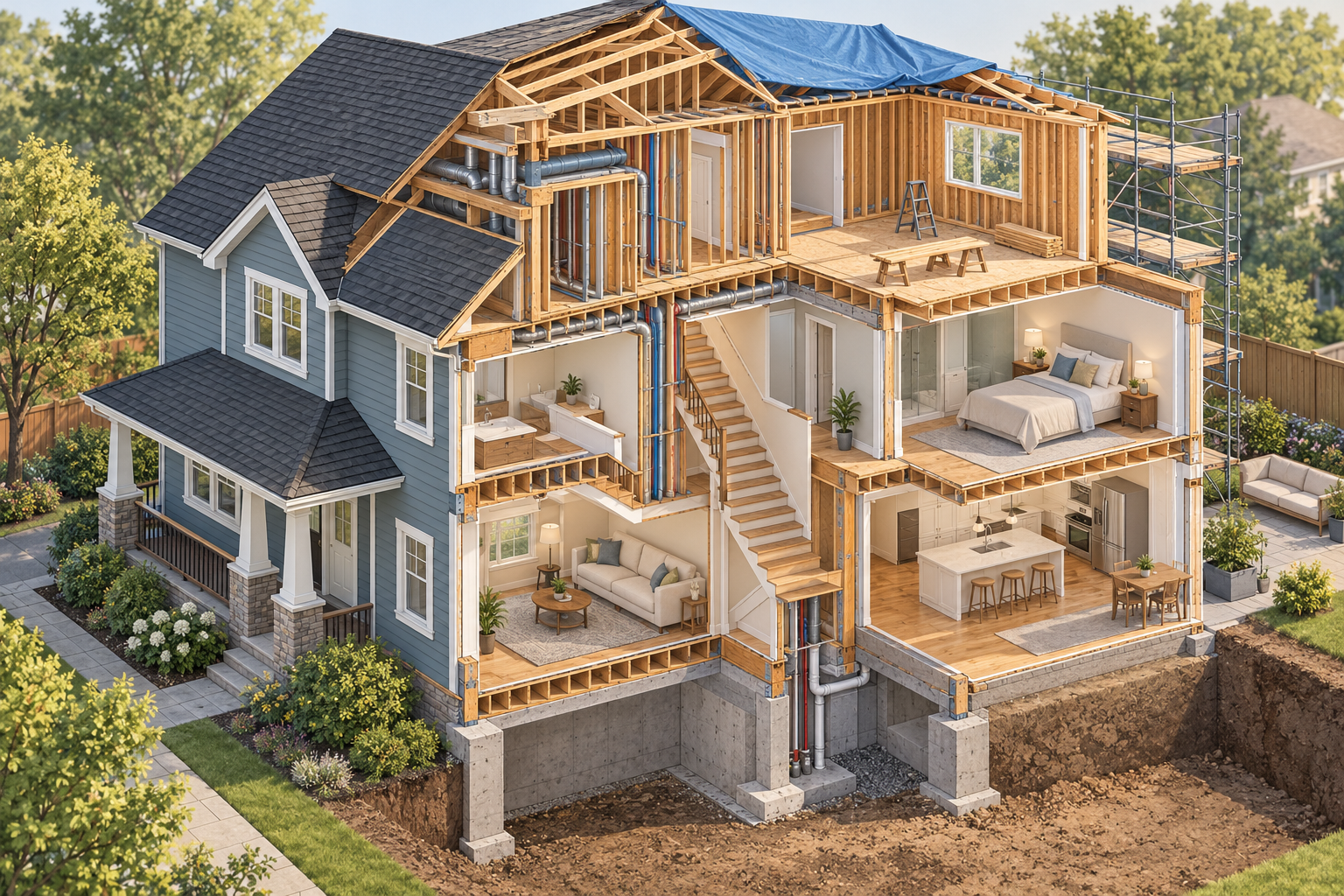 Cutaway illustration of a second-story addition showing temporary roof protection, new upper framing, stairs, and existing rooms below.