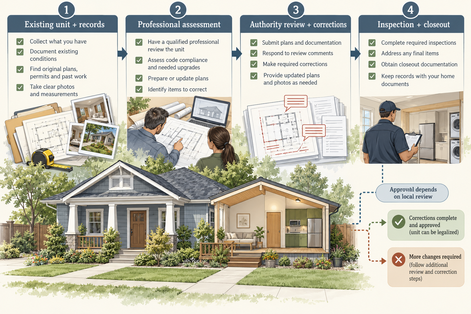 Legalizing an existing suite can involve records, professional assessment, authority review, required corrections, inspection, and closeout, with the outcome dependent on local review.