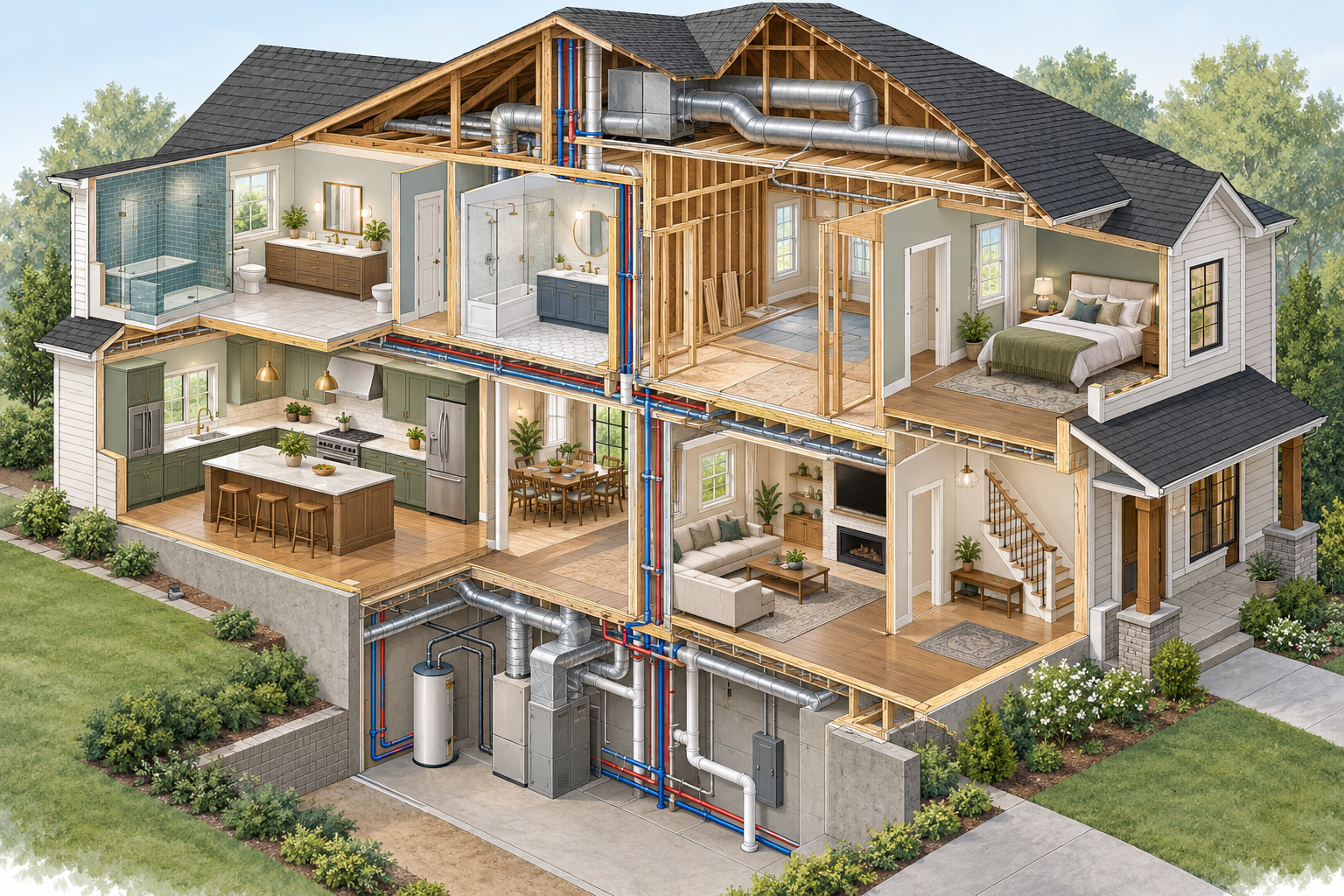 Isometric cutaway of a whole-house remodel showing room-level work connected through shared electrical, plumbing, and HVAC systems.
