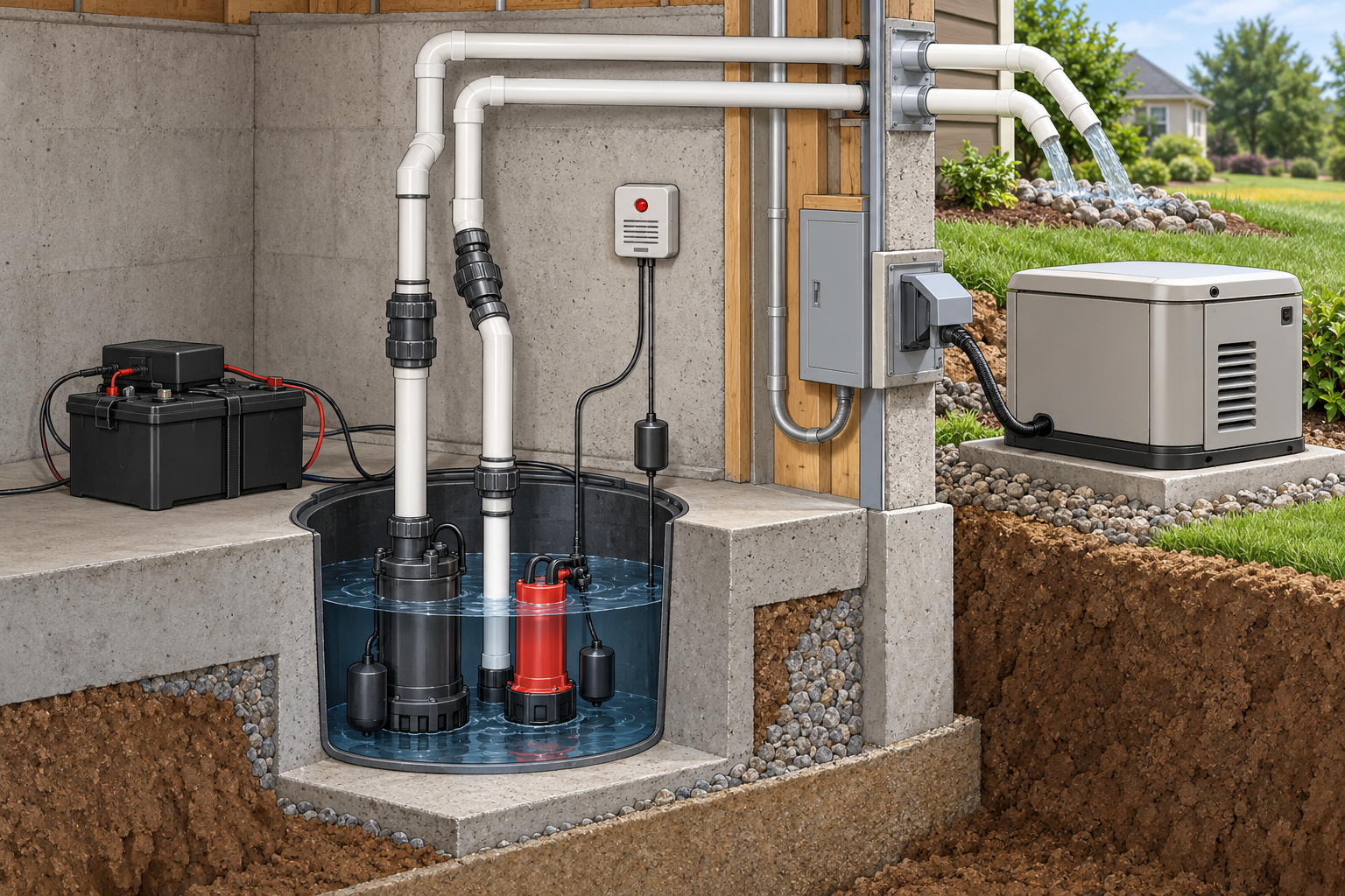 Cutaway compares a battery-backed secondary sump pump, a high-water alarm, and generator-supported pump power as separate backup options.