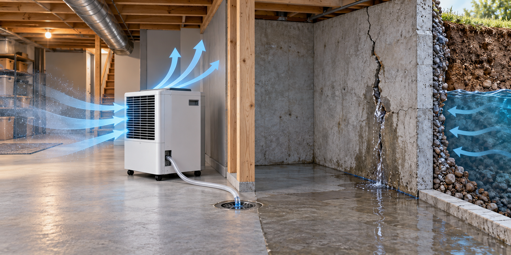 A dehumidifier removes moisture from basement air while a separate foundation crack continues to admit groundwater.