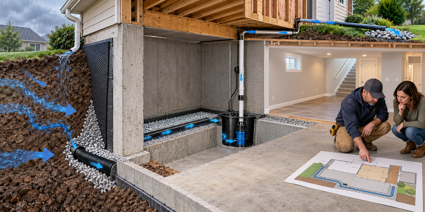 A homeowner and contractor review a plan tracing foundation water to a drain, sump, discharge route, and restored basement area.