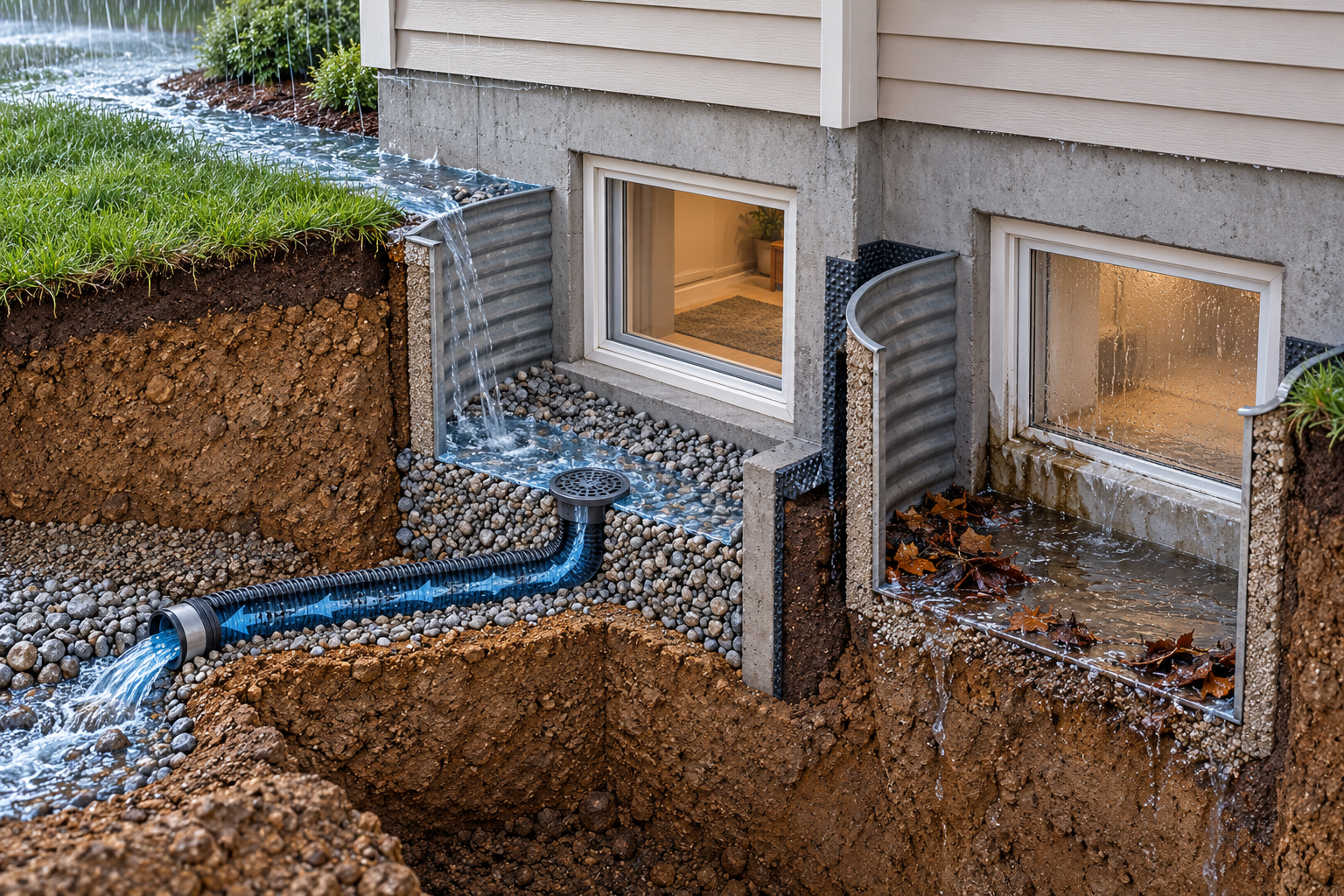 Cutaway compares a drained gravel window well with a separate well where water has accumulated beside the basement window.