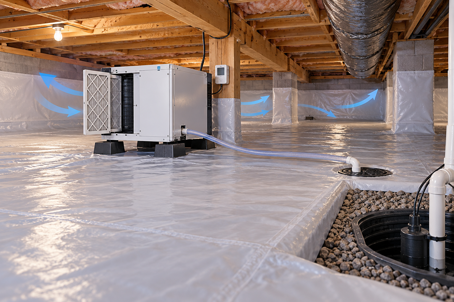 A crawl-space dehumidifier circulates air, exposes a serviceable filter, and routes condensate to a drain in an enclosed space.