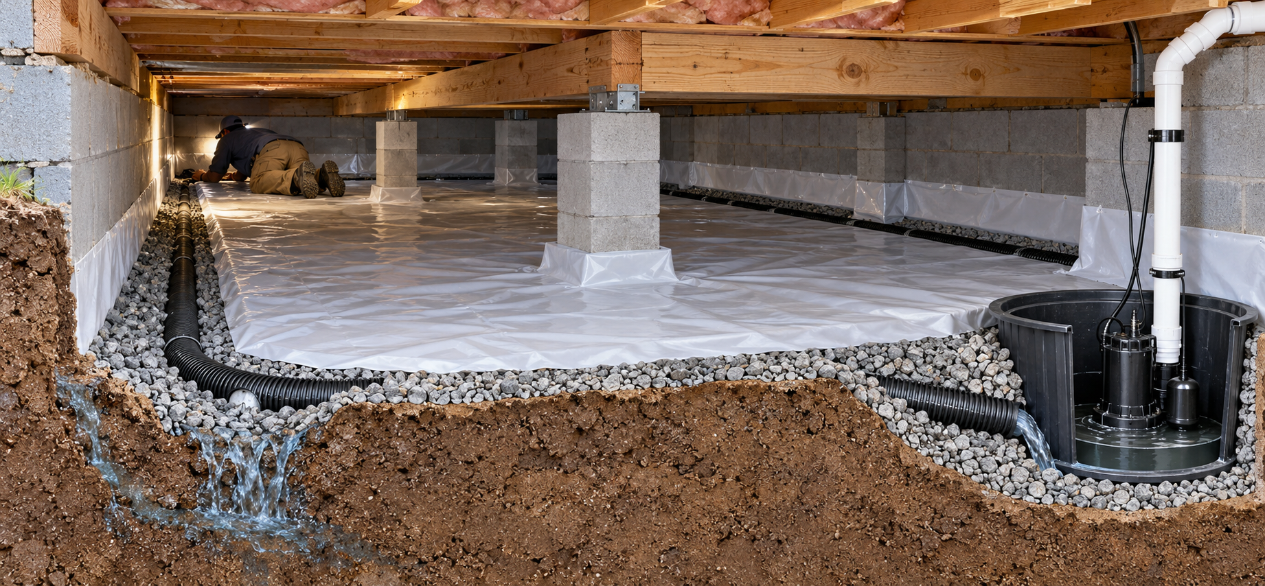 Cutaway of a low-clearance crawl space showing a perimeter drainage trench, pipe, stone, and a route to a serviceable sump.