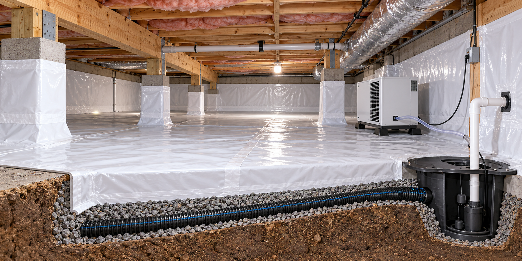 Cutaway of a crawl-space enclosure showing a continuous ground liner, wall and pier detailing, perimeter drainage, a sump, and dehumidification equipment.