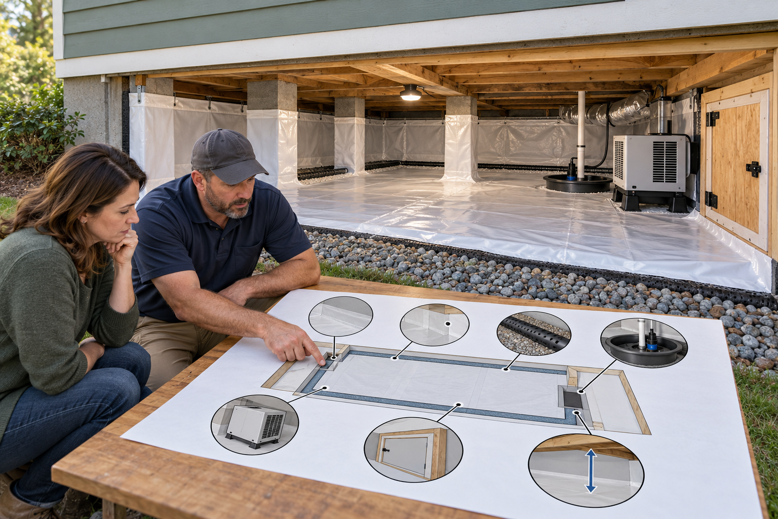 A homeowner and contractor review a crawl-space enclosure plan showing liner, wall details, drainage, sump, dehumidifier, and service access.