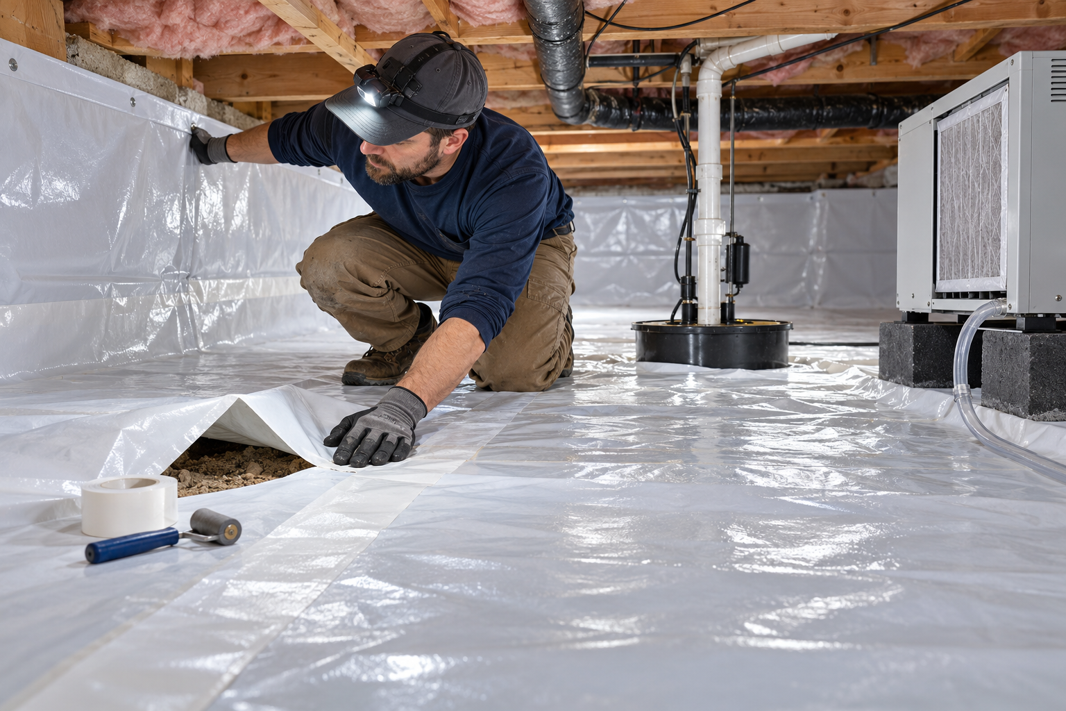 A technician lifts a crawl-space liner to inspect and repair a seam while sump and dehumidifier equipment remain accessible.