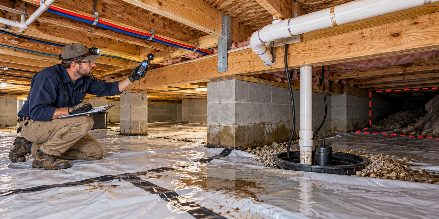 An inspector checks crawl-space moisture and drainage while documenting an inaccessible area that limits the assessment.