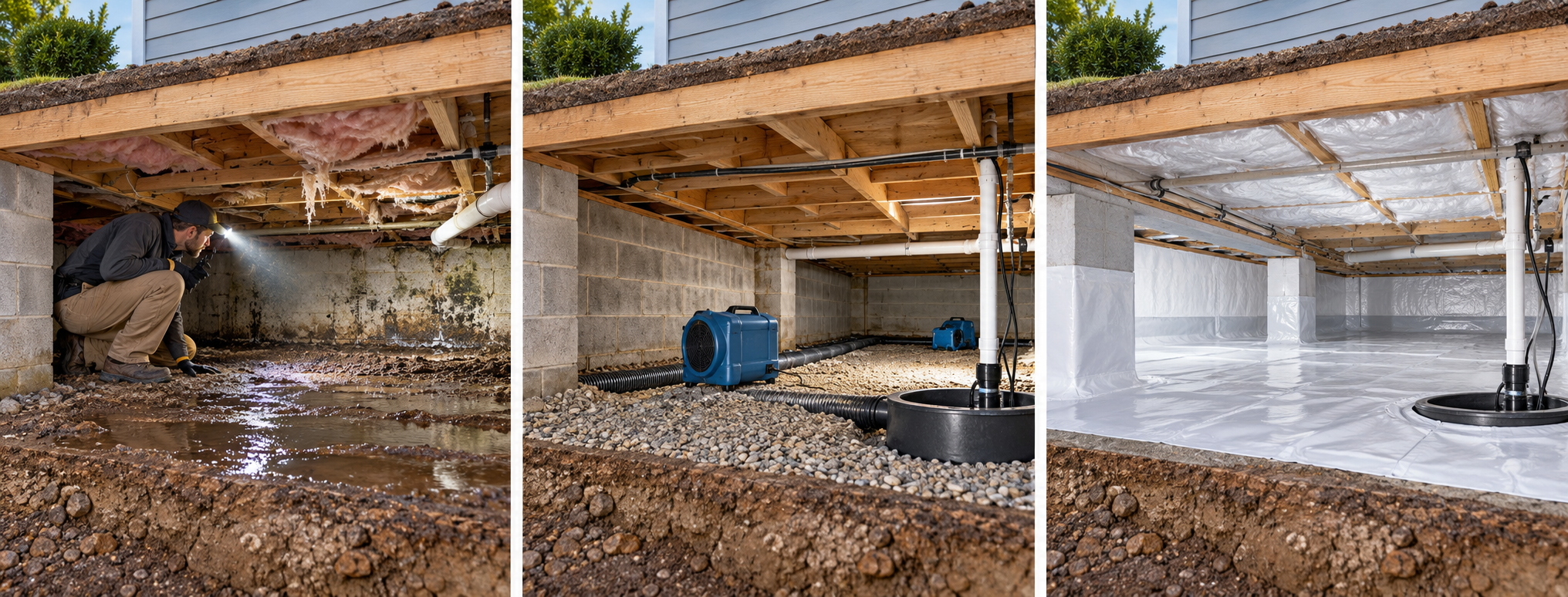 Three crawl-space stages show moisture assessment, water correction and drying, then insulation or enclosure after the space is ready.