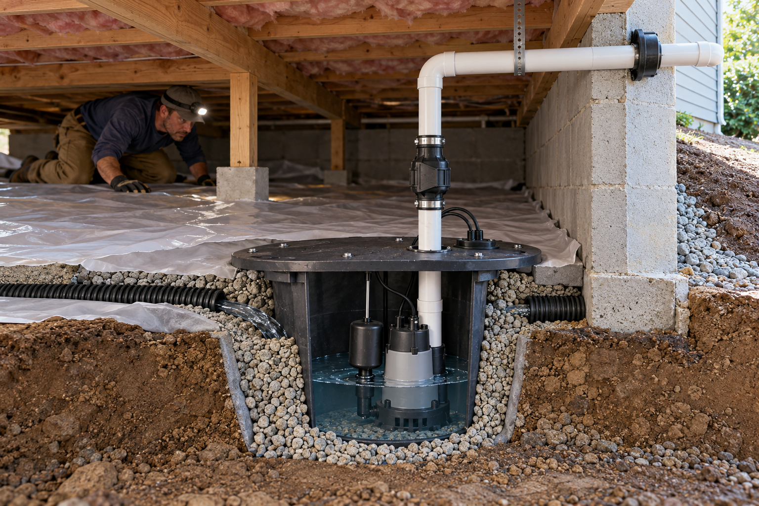 Cutaway of a crawl-space sump pit showing perimeter drainage connections, pump, float, check valve, discharge, and service access.