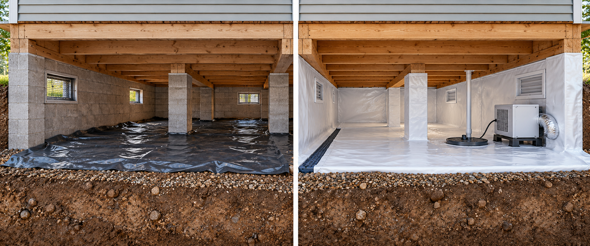 Side-by-side crawl-space cutaways compare a ground-only vapor barrier with an enclosure adding wall and pier details, drainage, and humidity control.