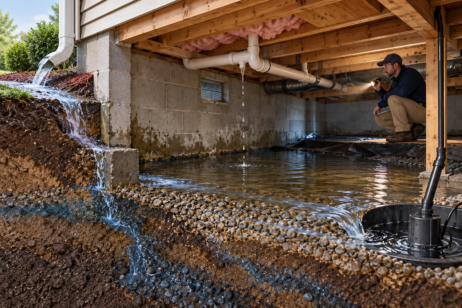Cutaway shows surface runoff, a plumbing drip, groundwater, and a sump as distinct possible contributors to crawl-space standing water.