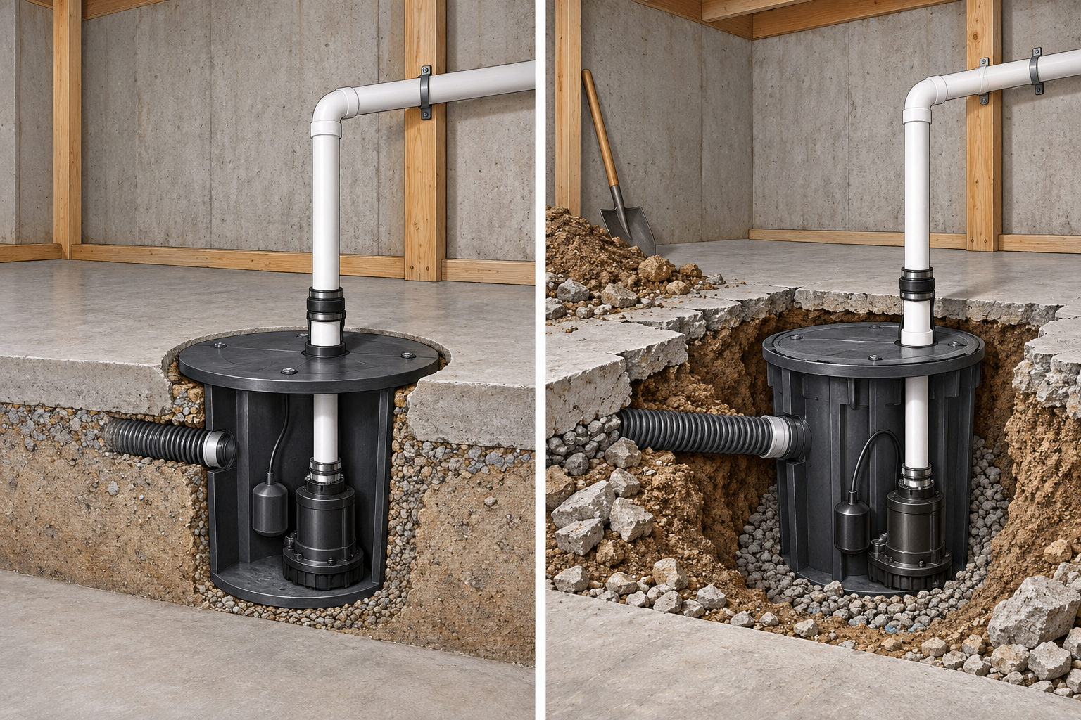 Cutaway comparison of a sump basin replacement in an existing slab opening and a new basin installation with concrete cutting, excavation, drainage connection, pump, and lid.