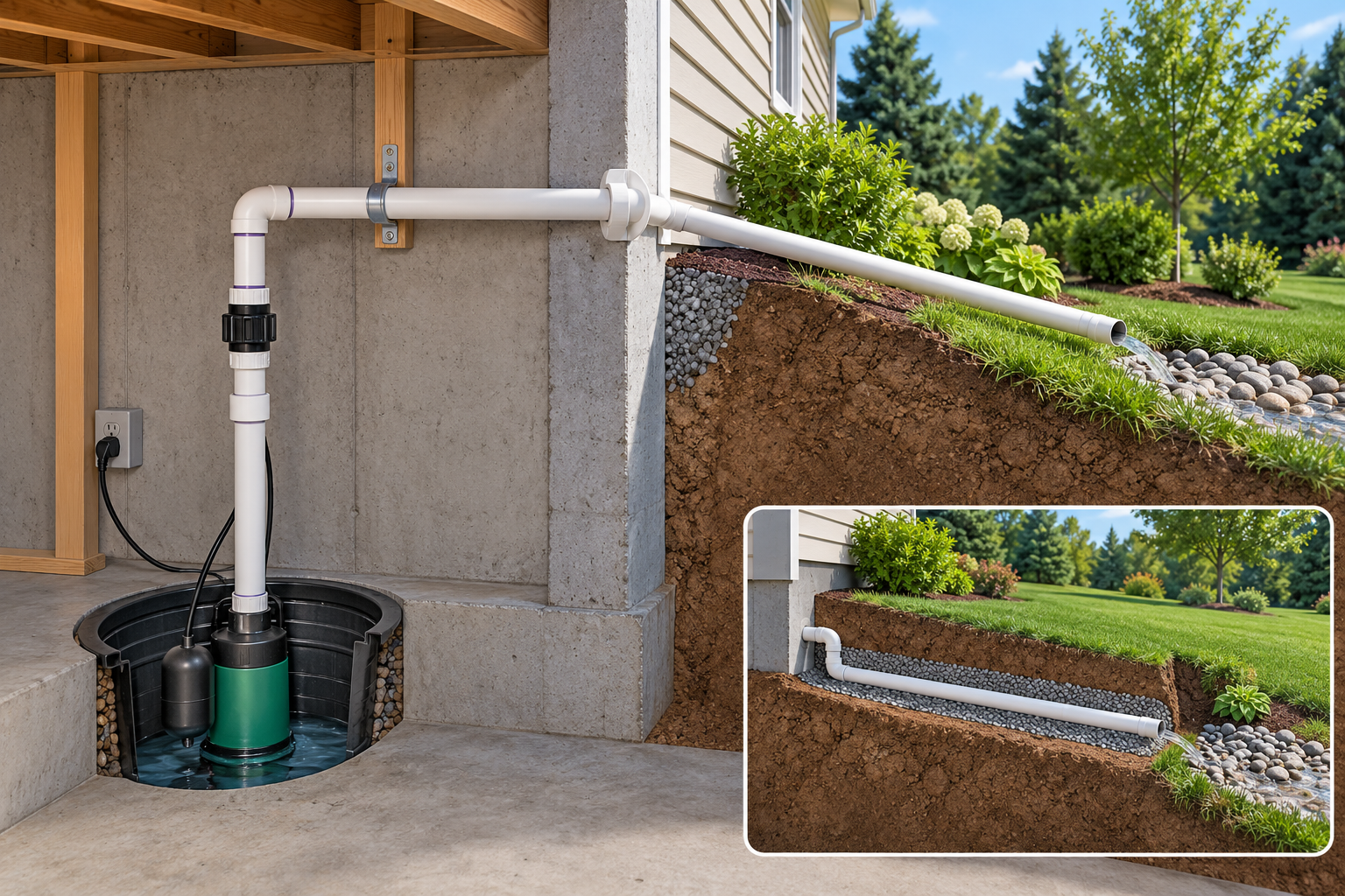 Cutaway shows a sump discharge fitting, an outdoor route away from the foundation, and an optional buried line to a property-side outlet.