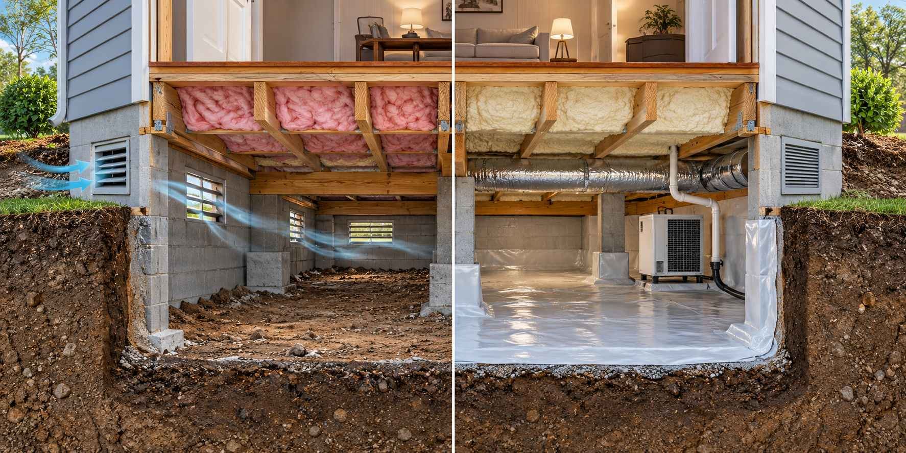 Side-by-side cutaways compare a vented crawl space with floor insulation and a sealed, conditioned enclosure with wall insulation and humidity equipment.