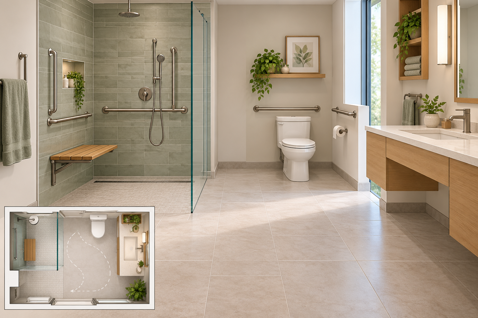 Bathroom planning options including curbless shower access, seat, reachable controls, support locations, circulation, and sink clearance.