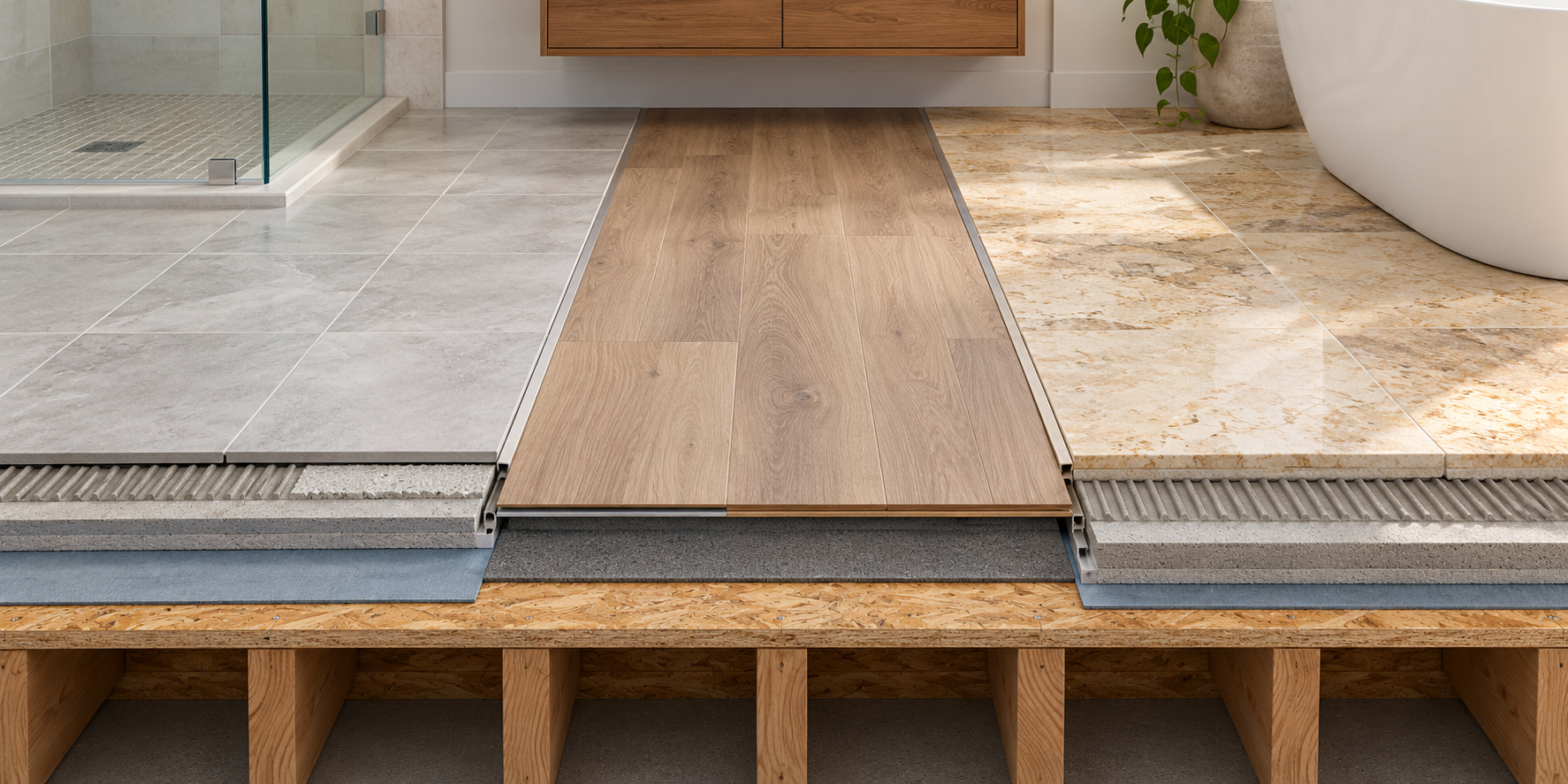 Comparison of tile, resilient flooring, and natural stone finishes over shared floor-preparation layers.