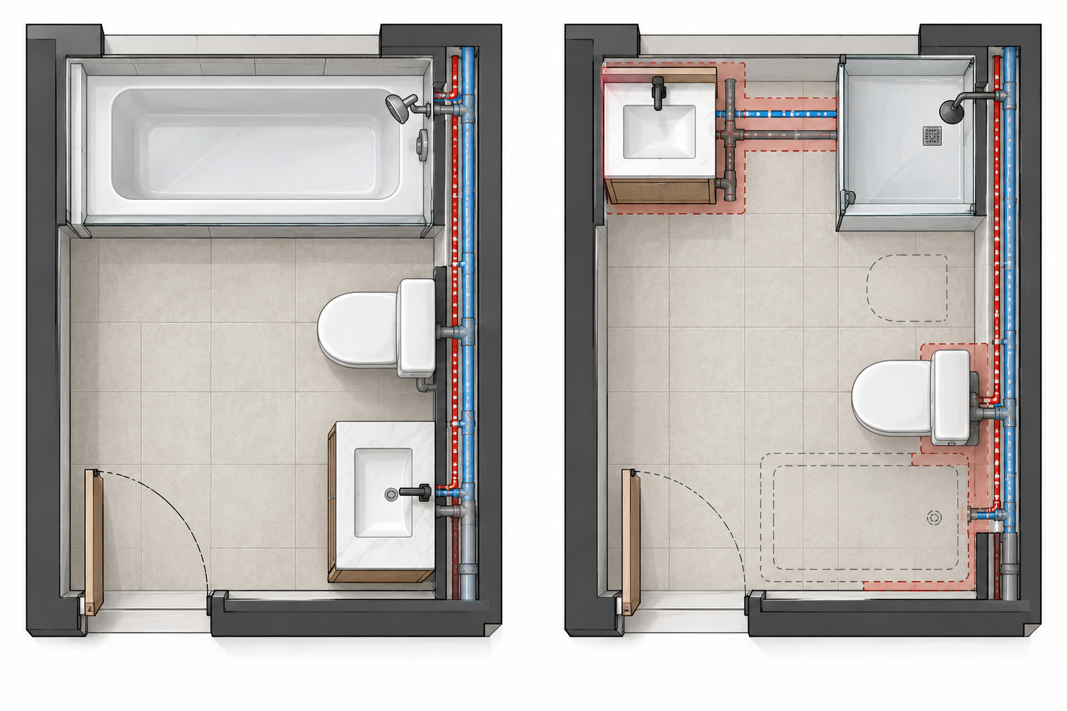 Overhead bathroom plans comparing a layout-retaining baseline with a reconfiguration that moves fixtures and their service routes.