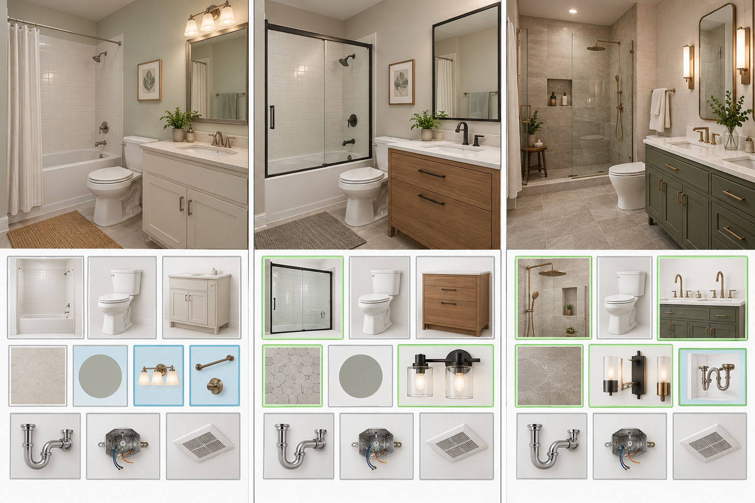 Three-panel illustration comparing a cosmetic bathroom refresh, a partial remodel, and a coordinated full remodel by the systems changed and retained.