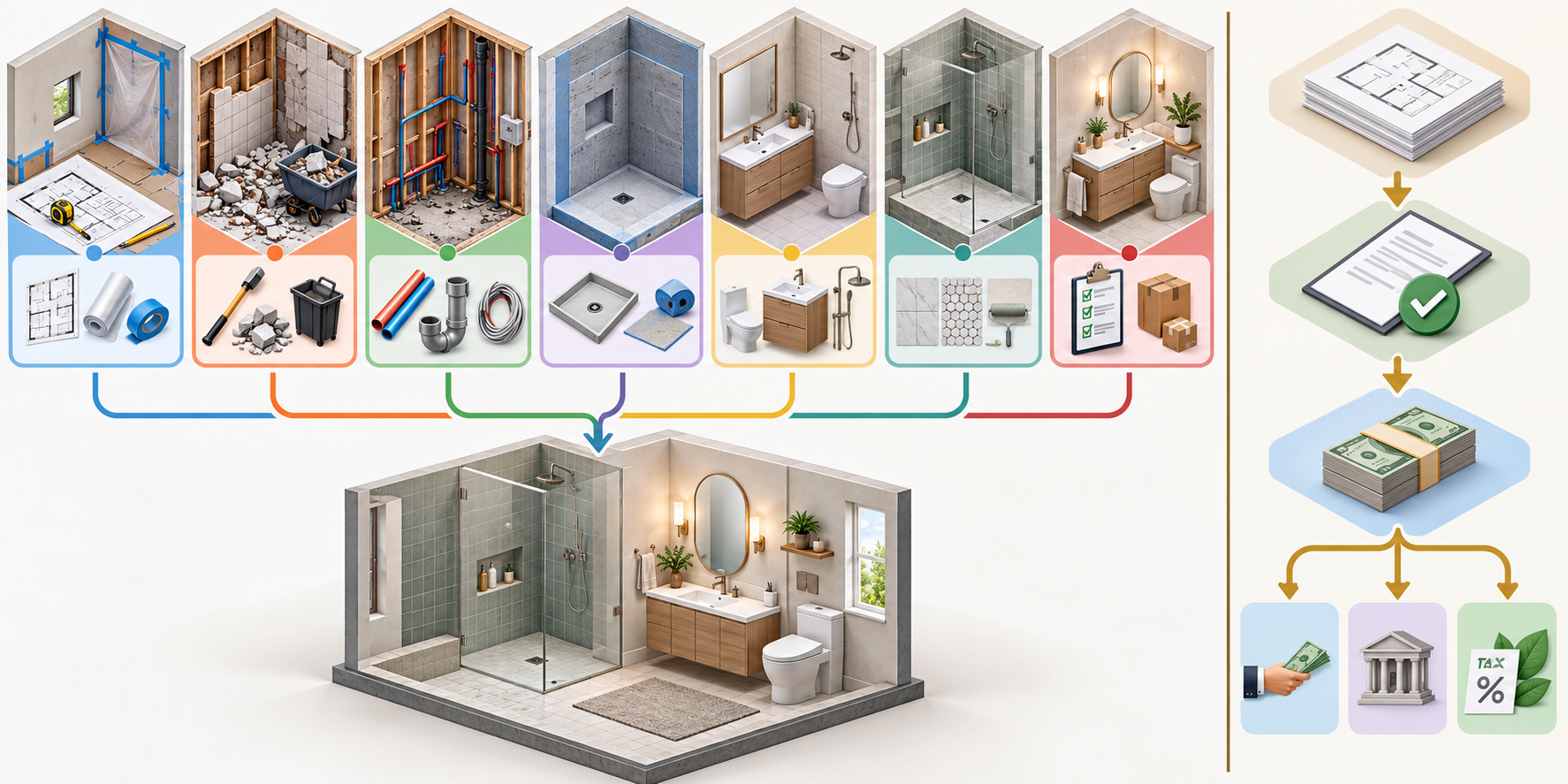 Cost map showing bathroom quote work packages alongside the separate cash-flow path for assistance and reimbursement.