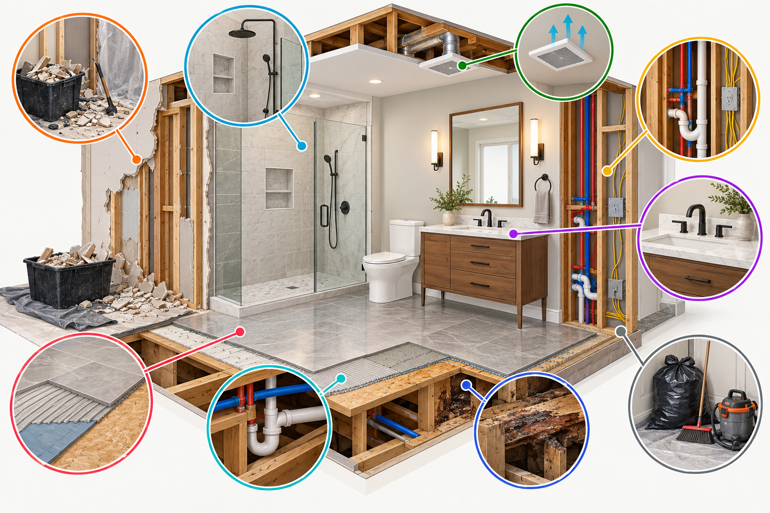 Isometric illustration of a bathroom remodel, showing the room components that shape the project scope and budget.