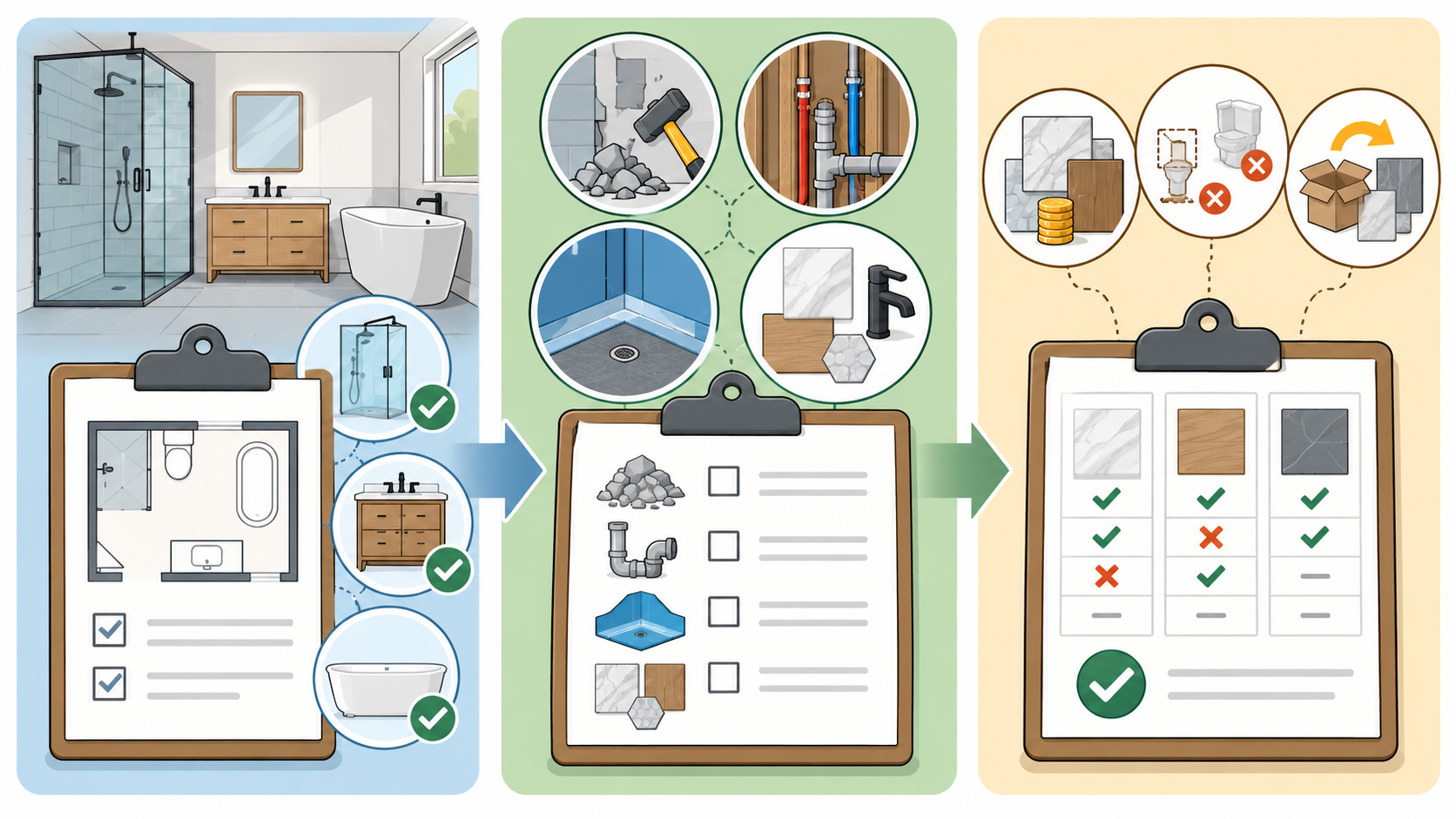 Three-stage illustration of defining the bathroom scope, checking quote line items, and comparing allowances and exclusions.