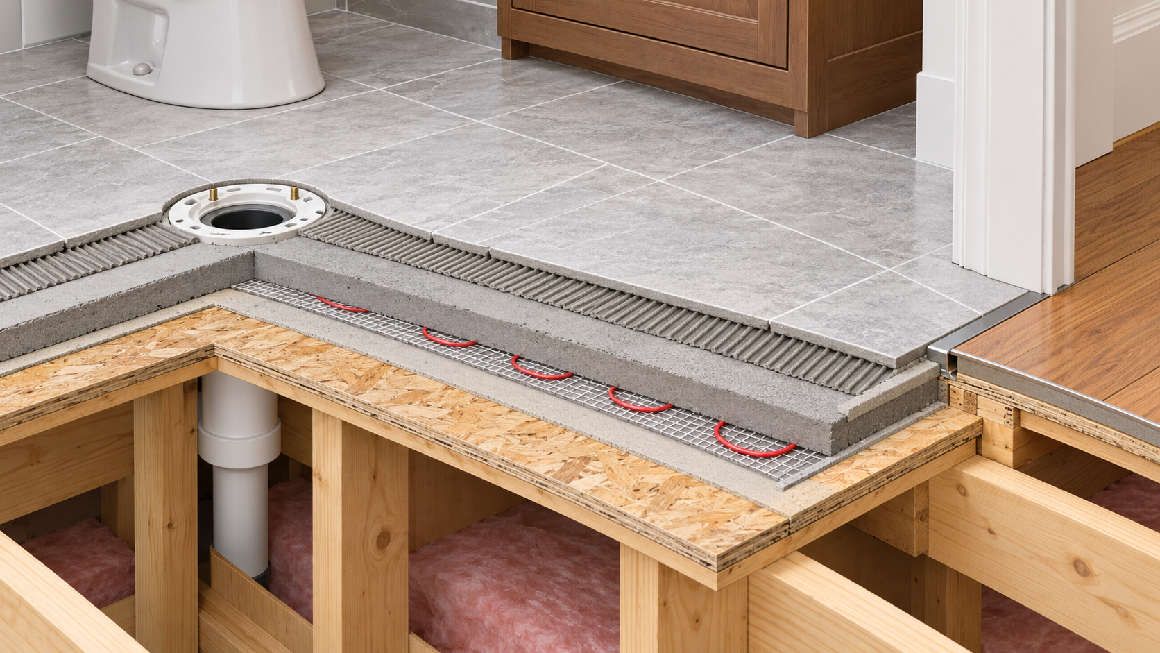 Cutaway of bathroom tile-floor layers and fixture, doorway, and optional radiant-heating interfaces.