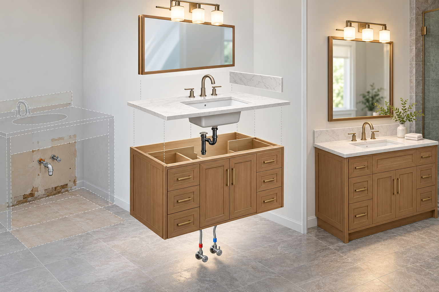 Exploded view of a bathroom vanity assembly and the wall, floor, lighting, and plumbing interfaces around it.