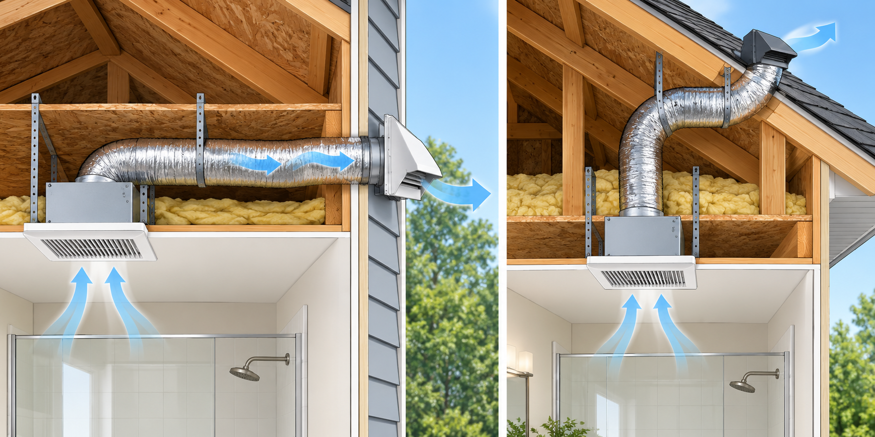 Cutaway comparison of a bathroom fan replacement on an existing outdoor duct and a new route to an exterior termination.