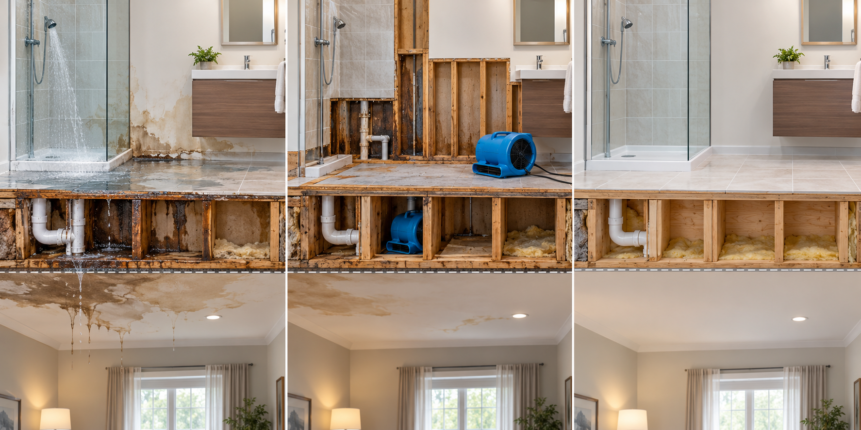 Repair stages from identifying the moisture source through drying, rebuilding affected bathroom layers, and restoring adjoining finishes.