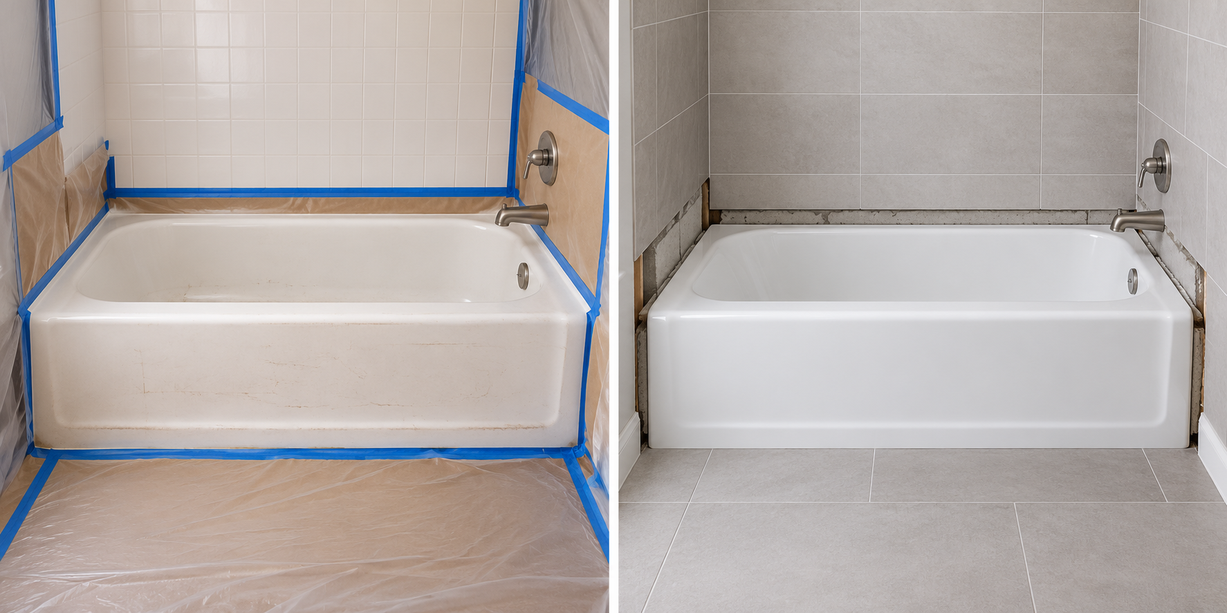 Comparison of professional bathtub refinishing for a sound tub and replacement where condition or fit calls for a new unit.