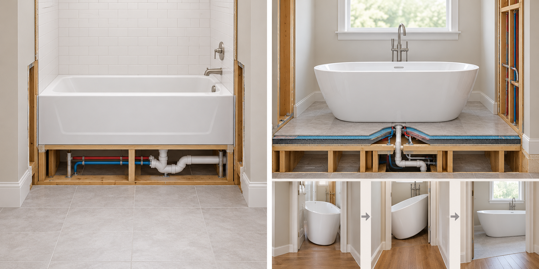 Comparison of an alcove tub replacement within a retained surround and a freestanding tub with different utility and access needs.