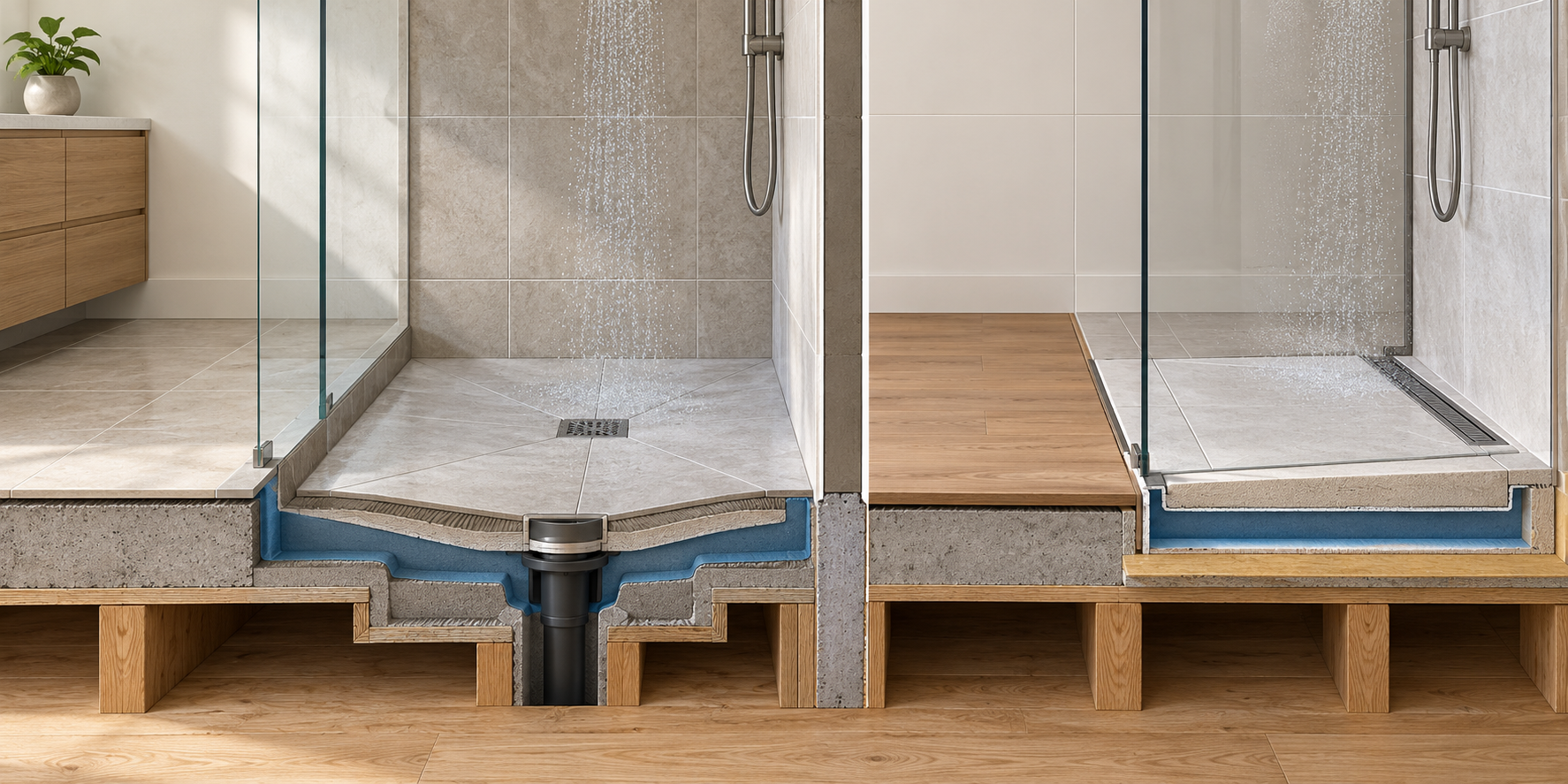 Floor-section comparison of curbless and low-threshold shower options with their drain slope and floor transitions.