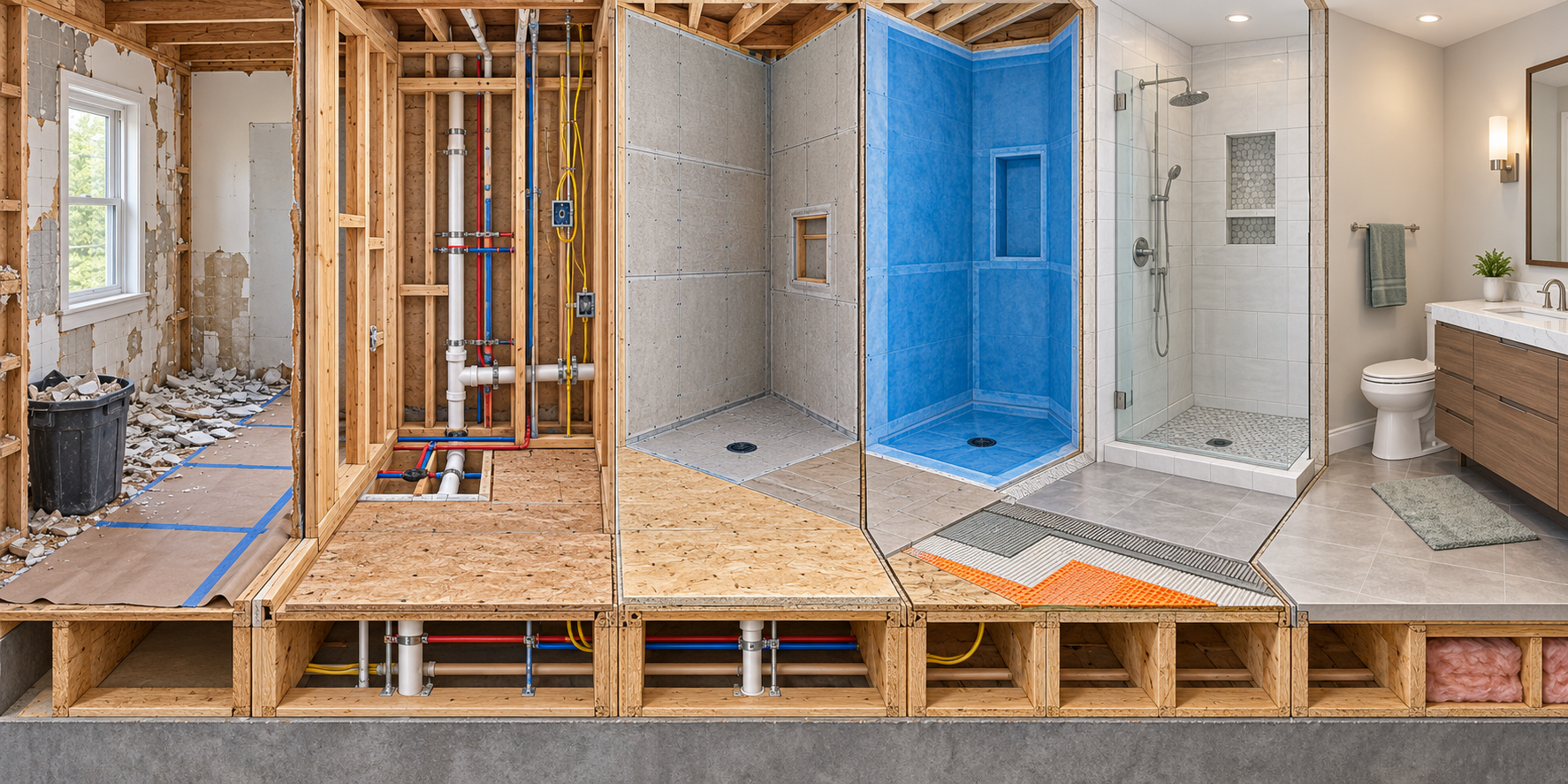 Cutaway illustration of a bathroom gut renovation, from opened framing and rough-ins through waterproofing, finishes, and closeout.
