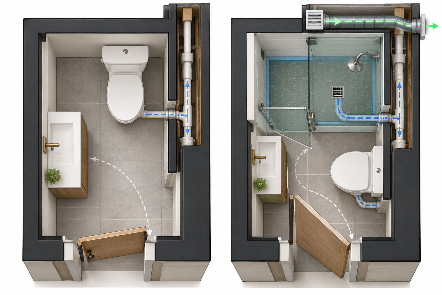 Floor-plan comparison of a half bath before and after adding a shower, with the room envelope and utility routes in view.