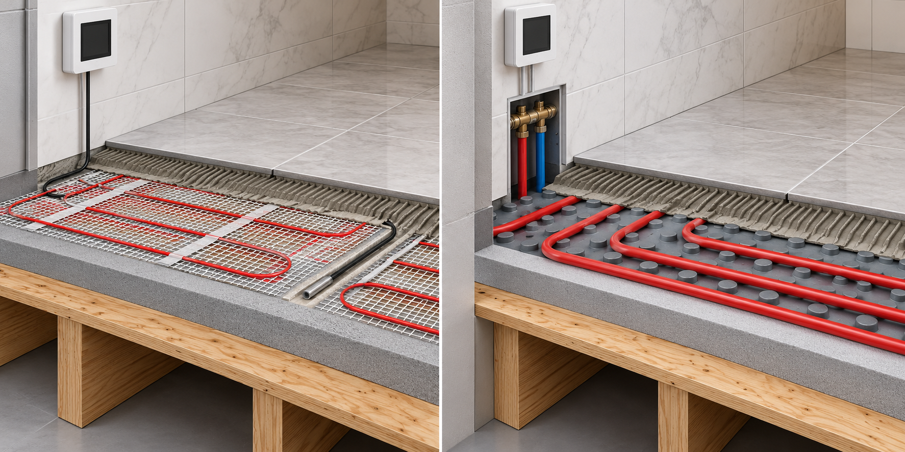 Cutaway comparison of electric and hydronic heated-floor systems within bathroom floor layers.