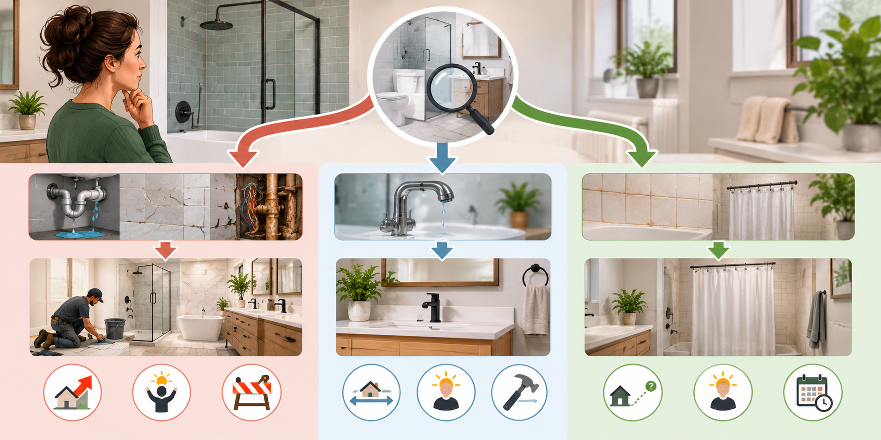 Decision paths for remodeling now, limiting the scope, or deferring while monitoring a cosmetic issue.
