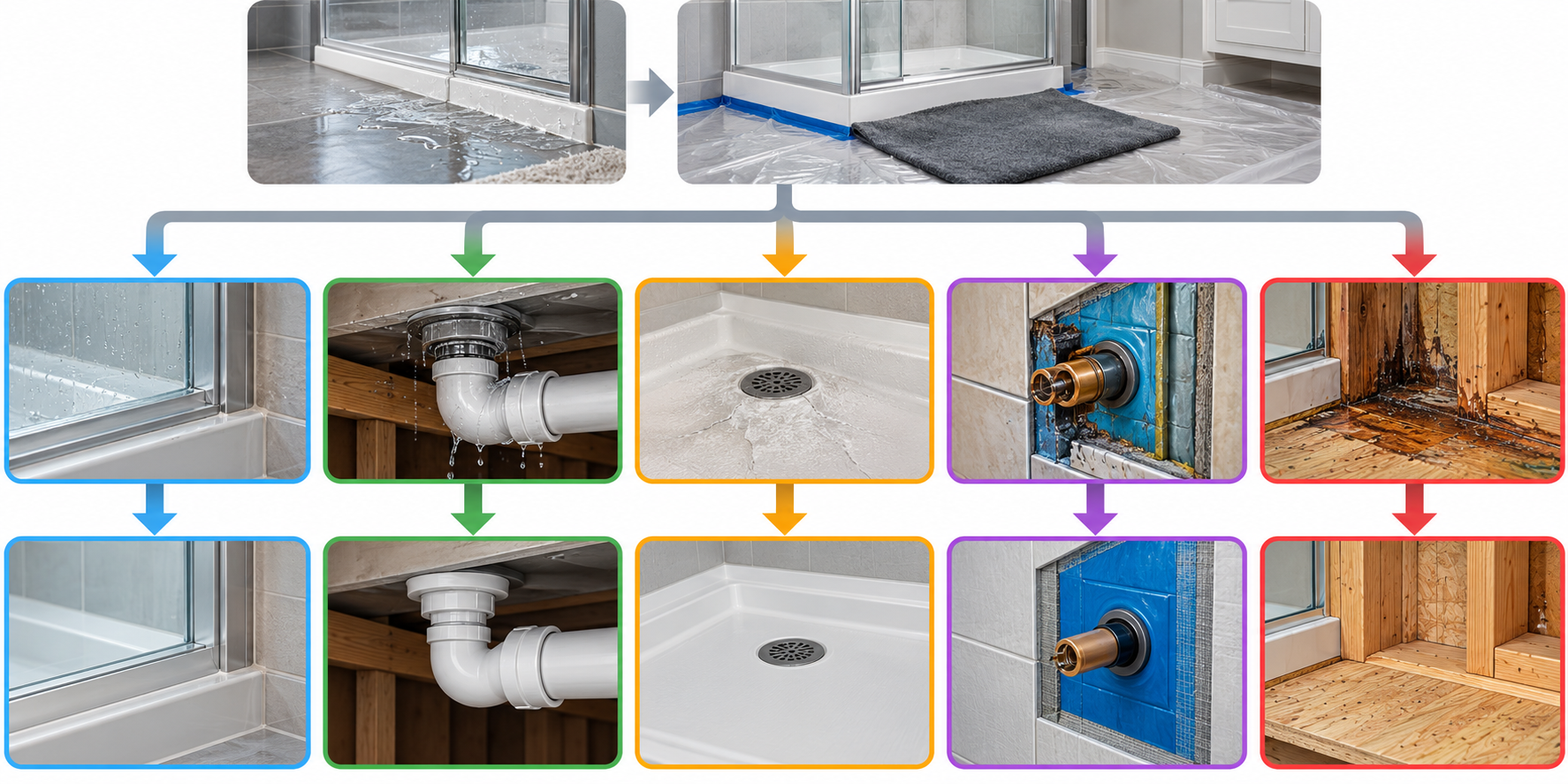 Possible leak-source pathways from a shower symptom to distinct inspection and repair scopes.
