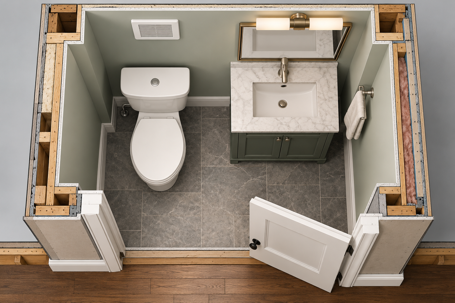 Overhead cutaway of a compact powder room showing the fixtures and tight interfaces that shape a small-room remodel.