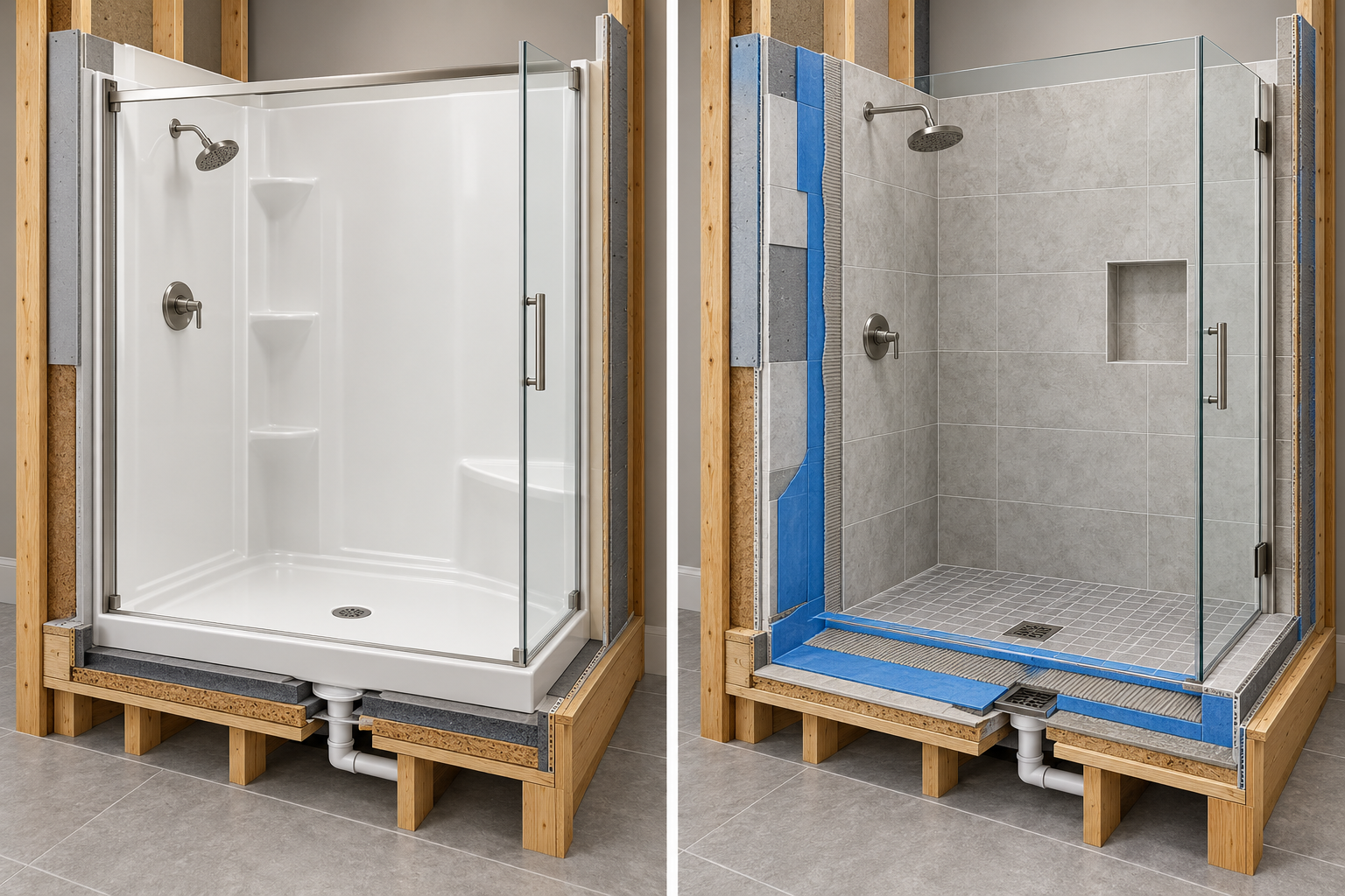 Cutaway comparison of prefabricated and custom tile shower assemblies, including their base, substrate, waterproofing, finish, and drain.
