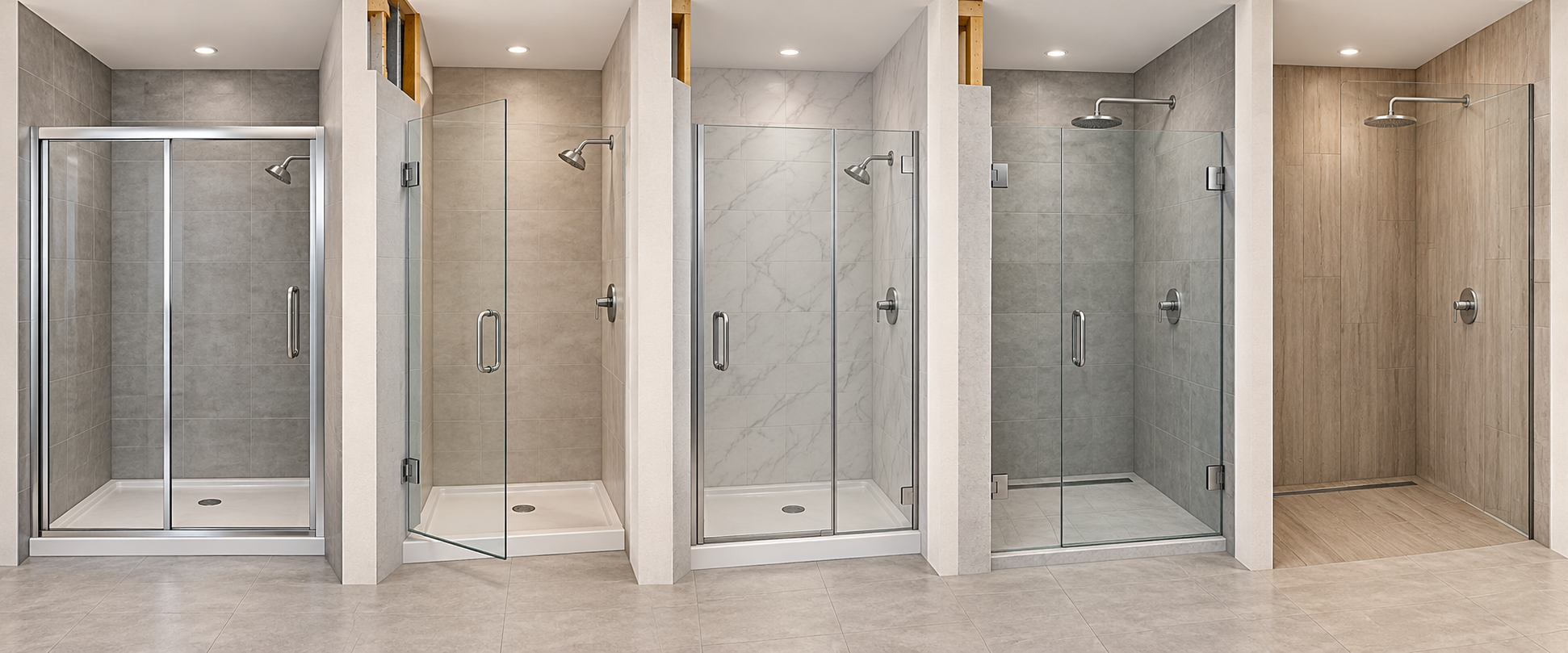 Comparison of framed, semi-frameless, frameless, sliding, hinged, and open-screen shower enclosures.