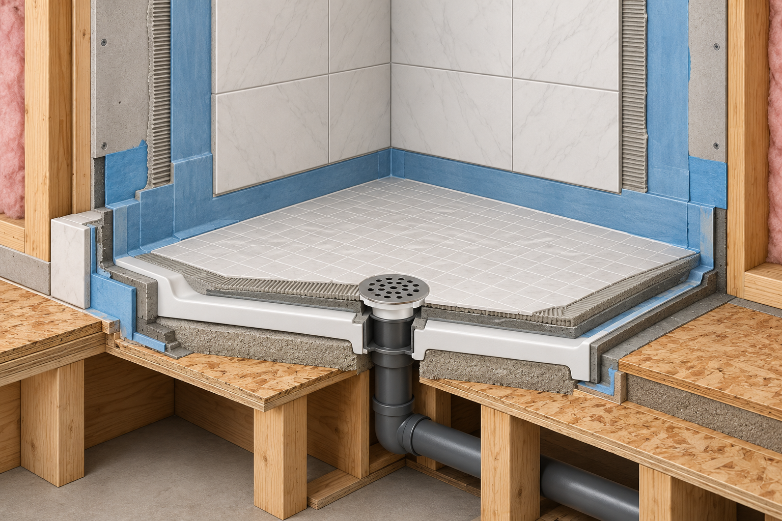 Cutaway of a shower pan connecting to the drain, wall waterproofing, tile, substrate, and subfloor.