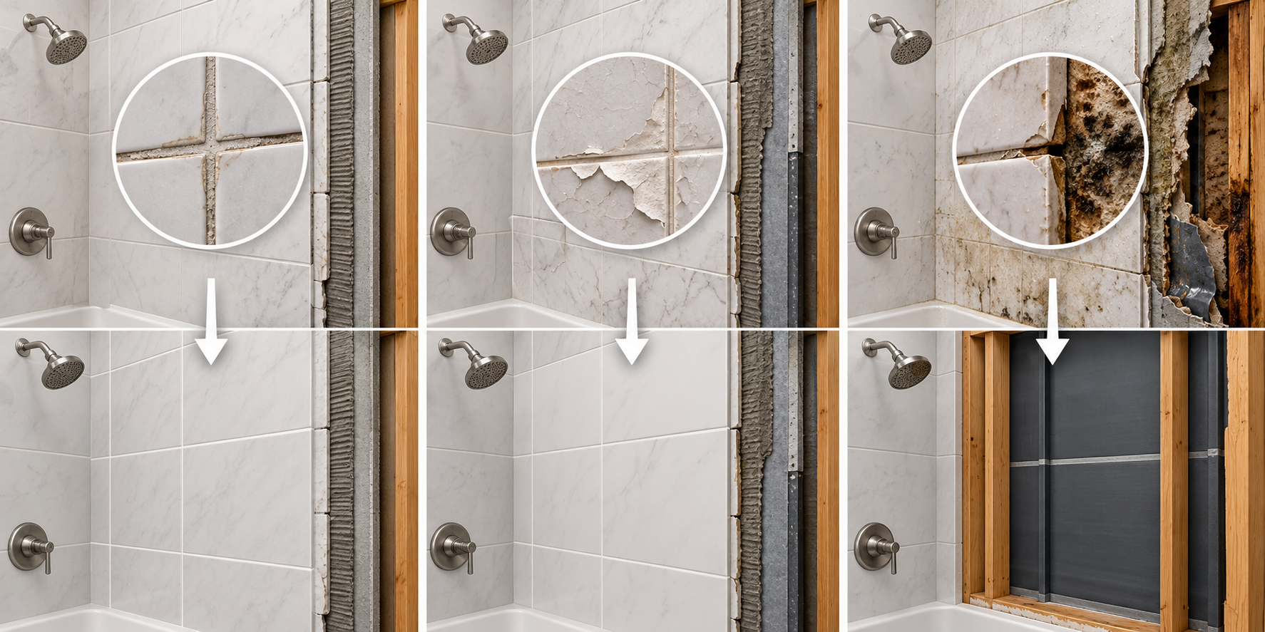 Repair paths from worn grout to retiling or assessment of a deeper waterproofing problem.