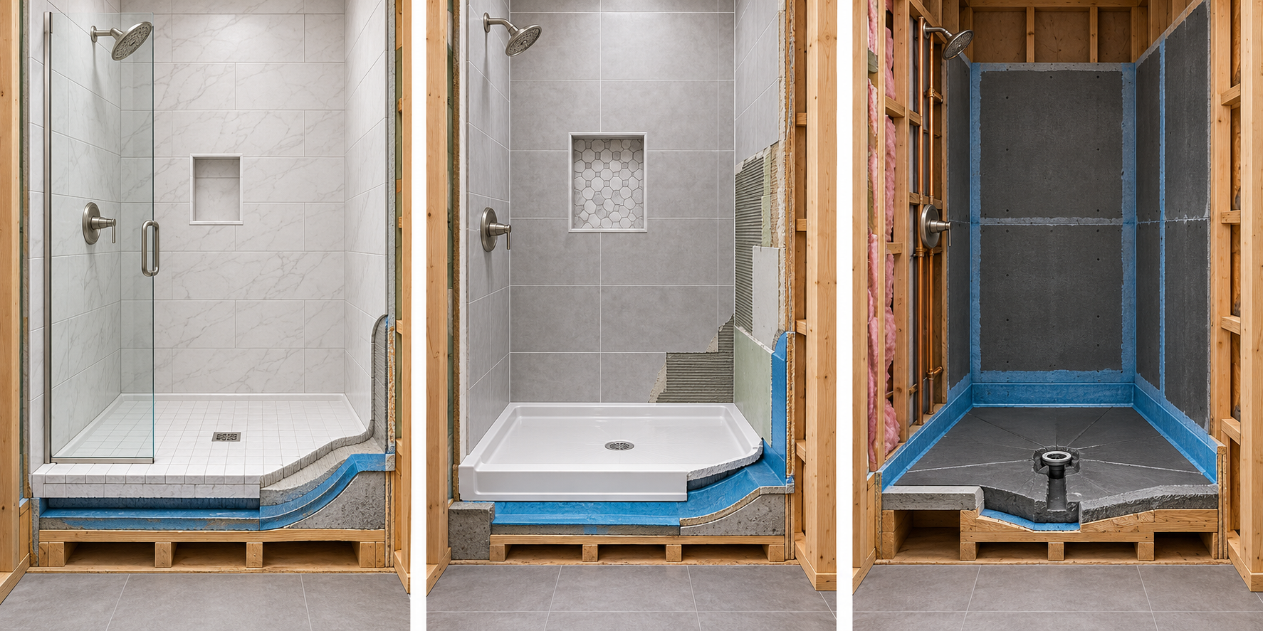 Three shower remodel cases compared by the existing layers retained, selectively replaced, or fully rebuilt.