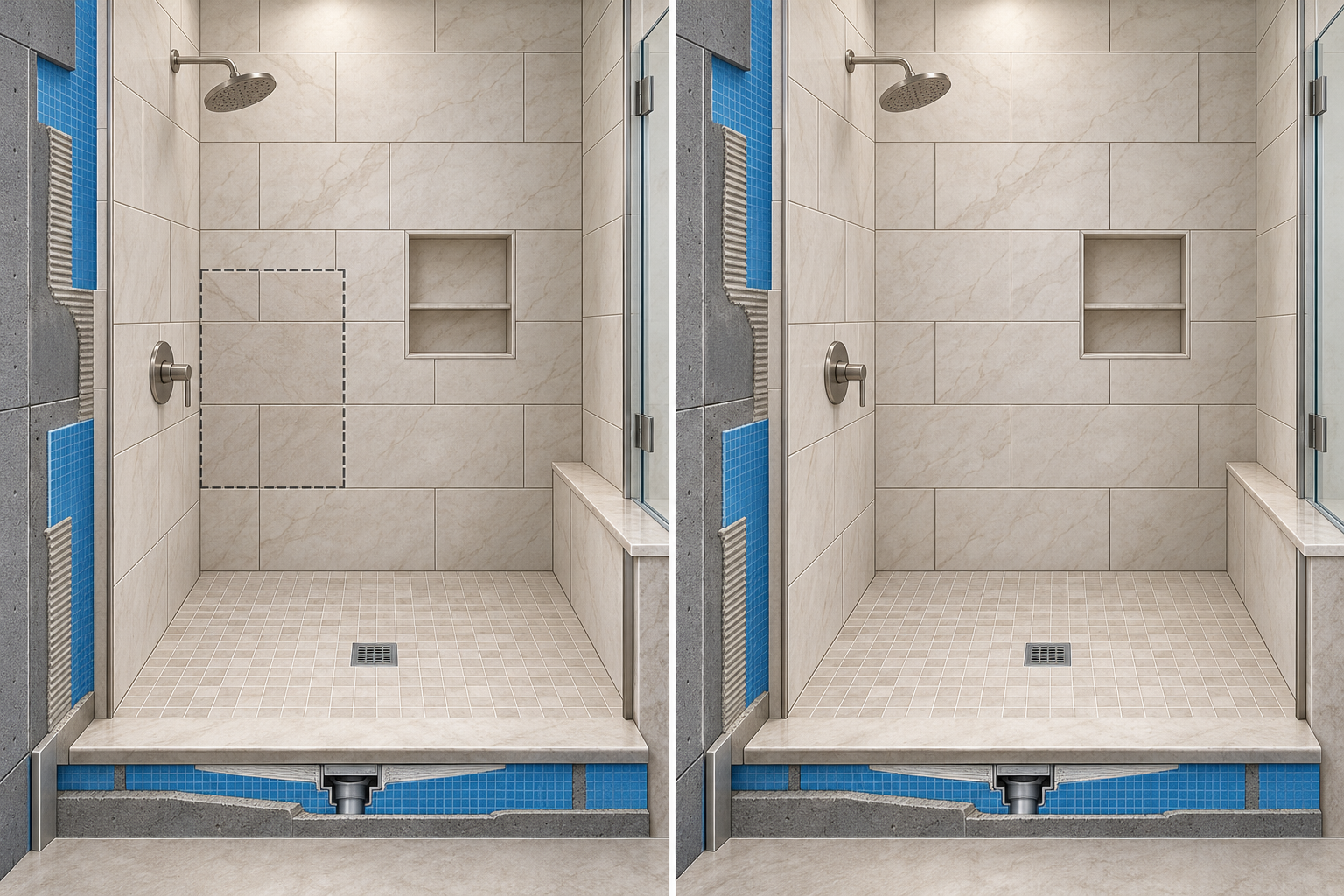 Shower wall comparison showing a bounded tile repair beside a full retiling with their different finish interfaces.